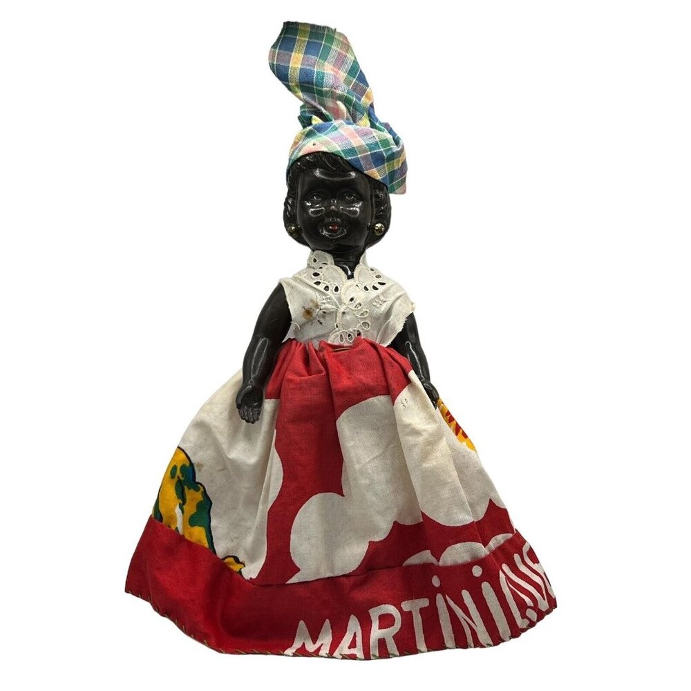DOLL MARTINIQUE CARIBBEAN BLACK GIRL W/GOLD COLOR EARRINGS PLASTIC STAINS DRESS